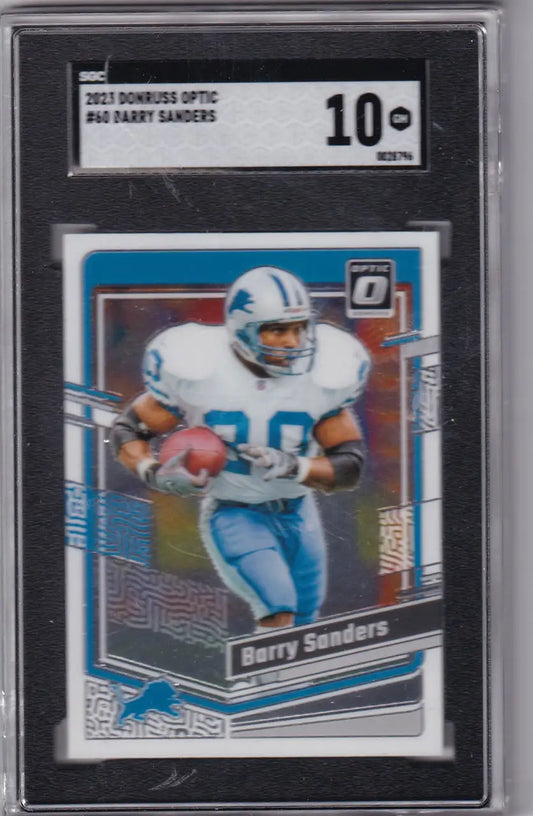 Graded Barry Sanders SGC football card from 2023 Donruss Optic series featuring Barry Sanders