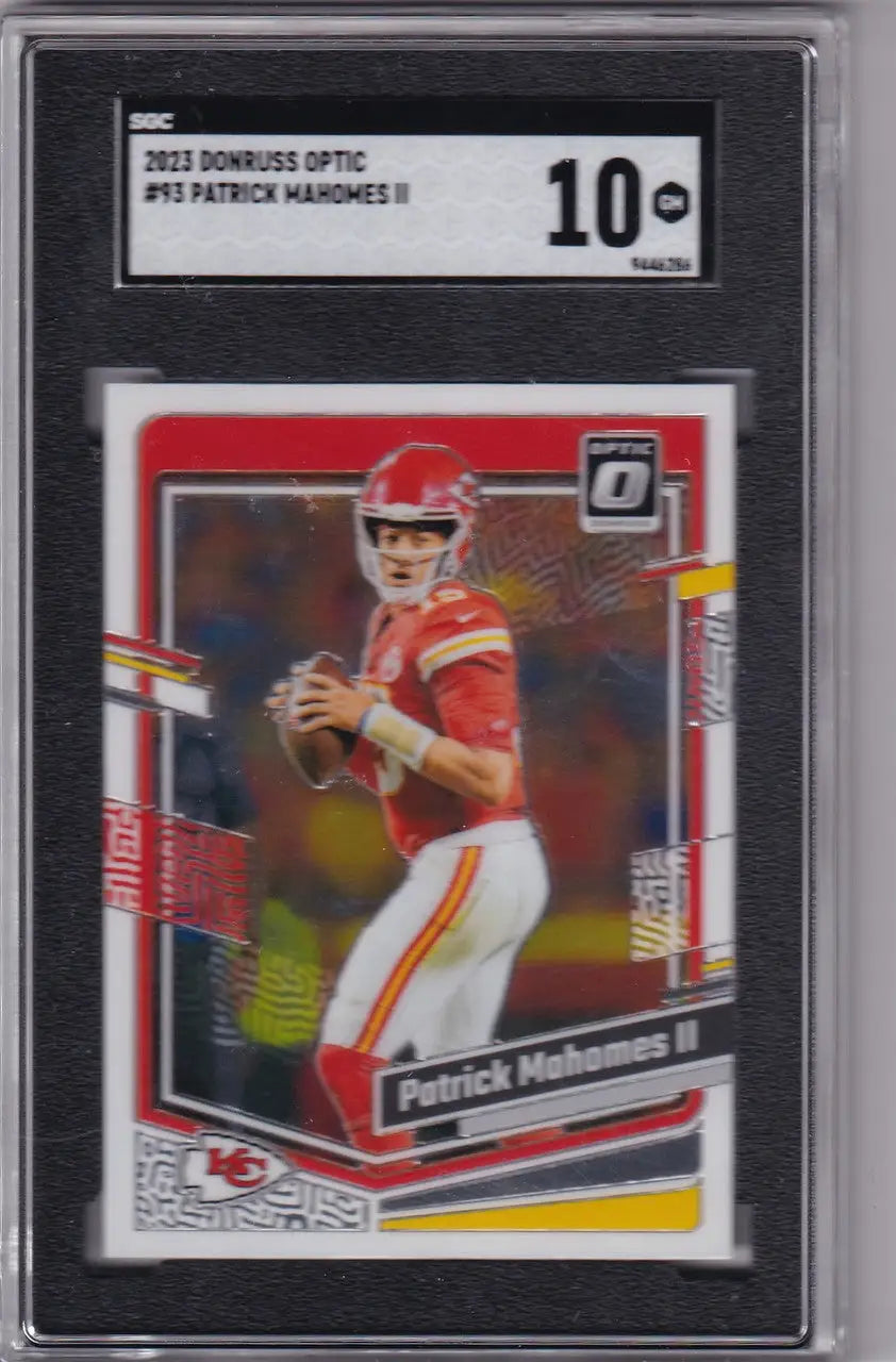Graded Patrick Mahomes SGC 10 football card from 2023 Donruss Optic Kansas City Chiefs