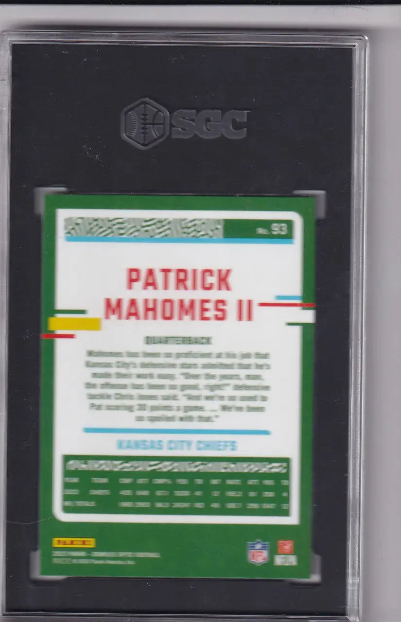 Graded Patrick Mahomes SGC 10 football card from 2023 Donruss Optic for Kansas City Chiefs