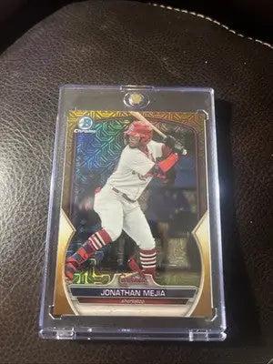 Baseball trading card featuring Jonathan Mejia Bowman Chrome Gold Mojo Mega Refractor in protective case