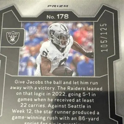 Josh Jacobs Las Vegas Raiders Prizm football card from the 2023 Prizm lot with unique numbering