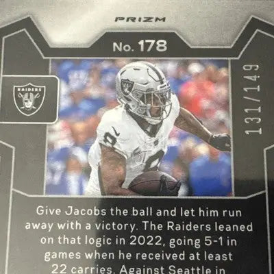 Sports trading card featuring Josh Jacobs and Devante Adams in a Prizm lot with Raiders