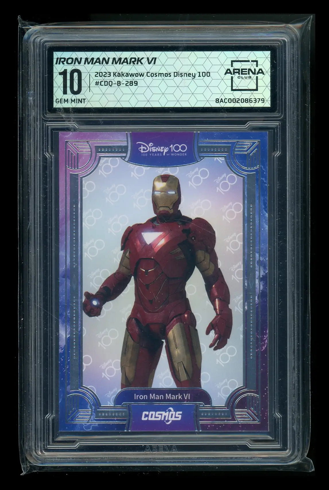 A graded Iron Man Mark VI trading card from Kakawow Cosmos Disney 100 Arena Club