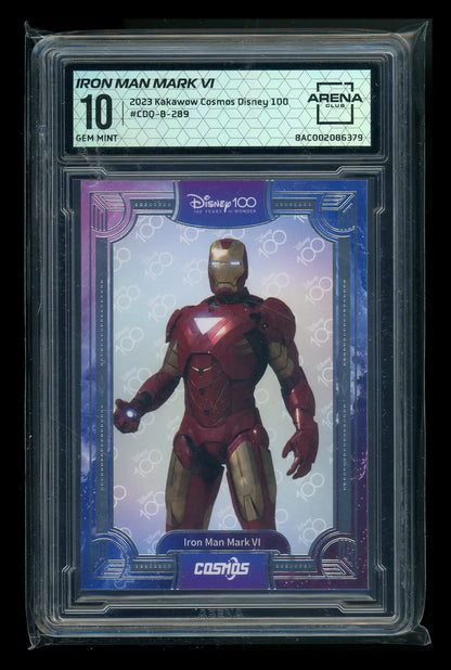 A graded Iron Man Mark VI trading card from Kakawow Cosmos Disney 100 Arena Club