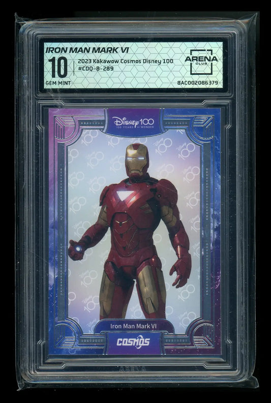 A graded Iron Man Mark VI trading card from Kakawow Cosmos Disney 100 Arena Club