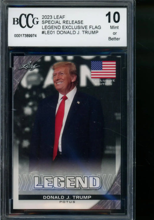 Graded 2023 Leaf Special Release Donald Trump trading card with flag design BCCG 10