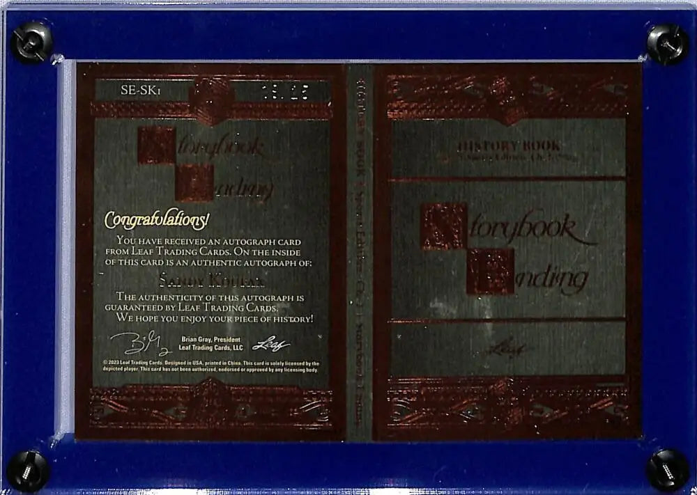 Framed Sandy Koufax Brooklyn Dodgers trading card from 2023 Leaf Storybook Ending