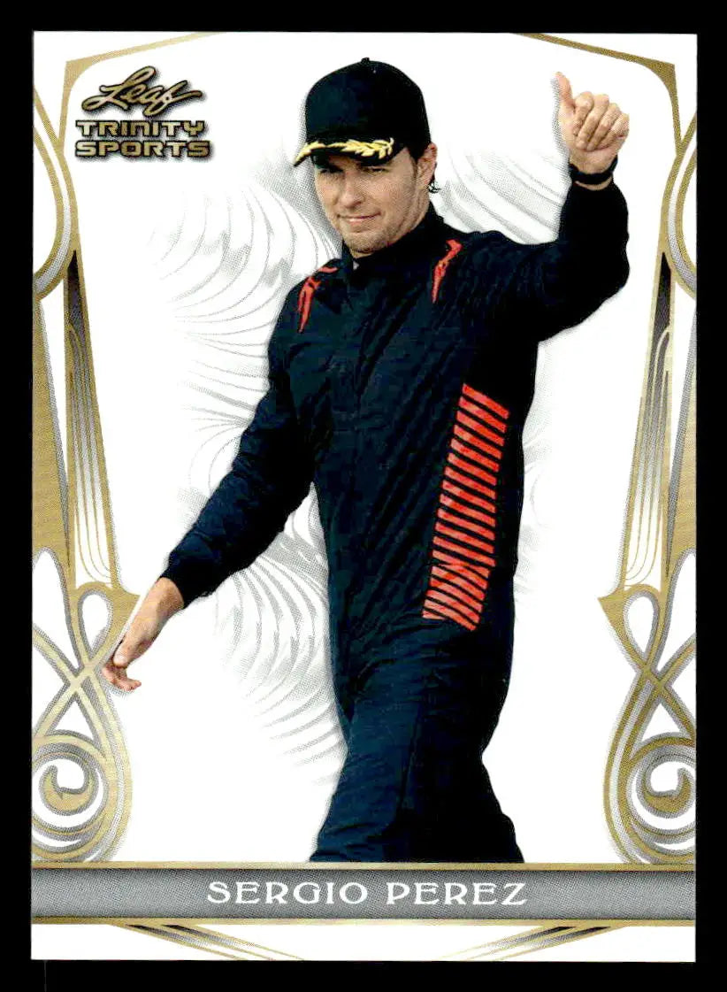 2023 Leaf Trinity Sergio Perez base sports trading card in black and red racing suit
