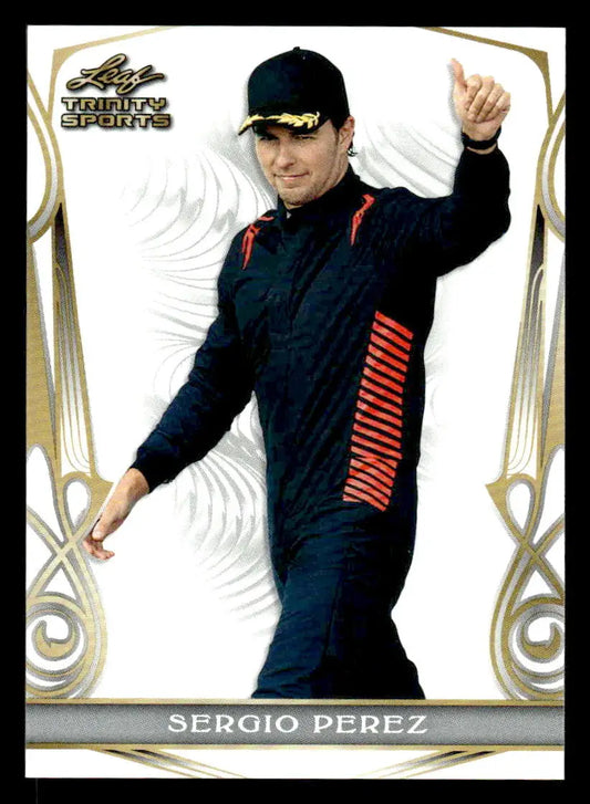 2023 Leaf Trinity Sergio Perez base sports trading card in black and red racing suit