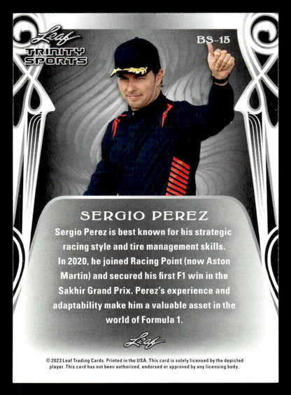 Trading card of Sergio Perez from Leaf Trinity 2023 featuring Sergio Perez Base Sports