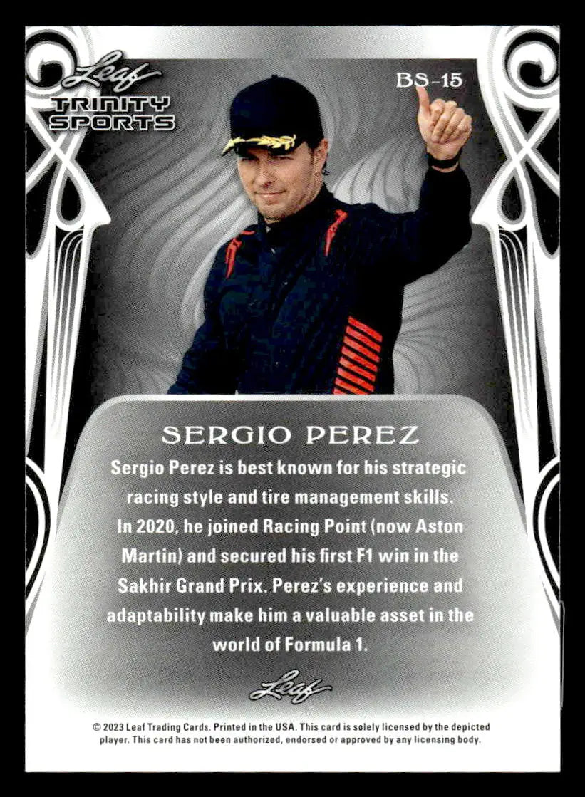 Trading card featuring Sergio Perez base sports racing driver from 2023 Leaf Trinity
