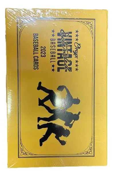 Yellow baseball card pack showcasing player silhouettes from Onyx Vintage Collection