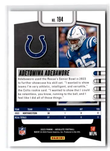 Football trading card featuring 2023 Panini Absolute Adetomiwa Adebawore NM-MT RC Colts