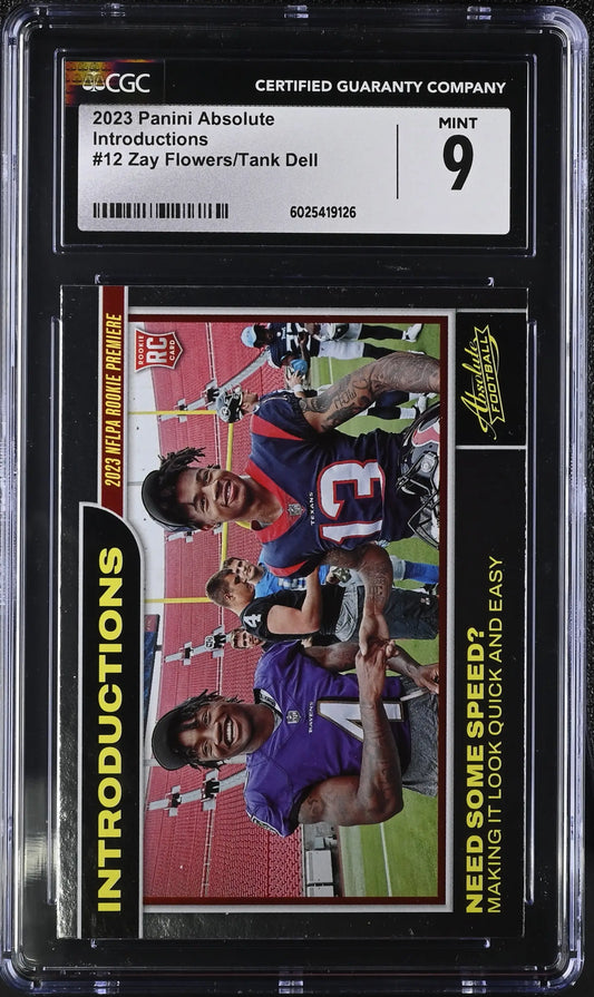 Graded Panini Absolute Zay Flowers Tank Dell football card showcased in product listing