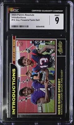 Graded football card of Zay Flowers and Tank Dell from Panini Absolute Zay 2023