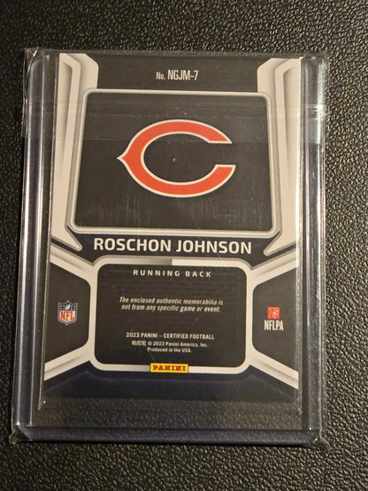 Football trading card featuring Roschon Johnson from 2023 Panini Certified Jerseys Mirror Bronze