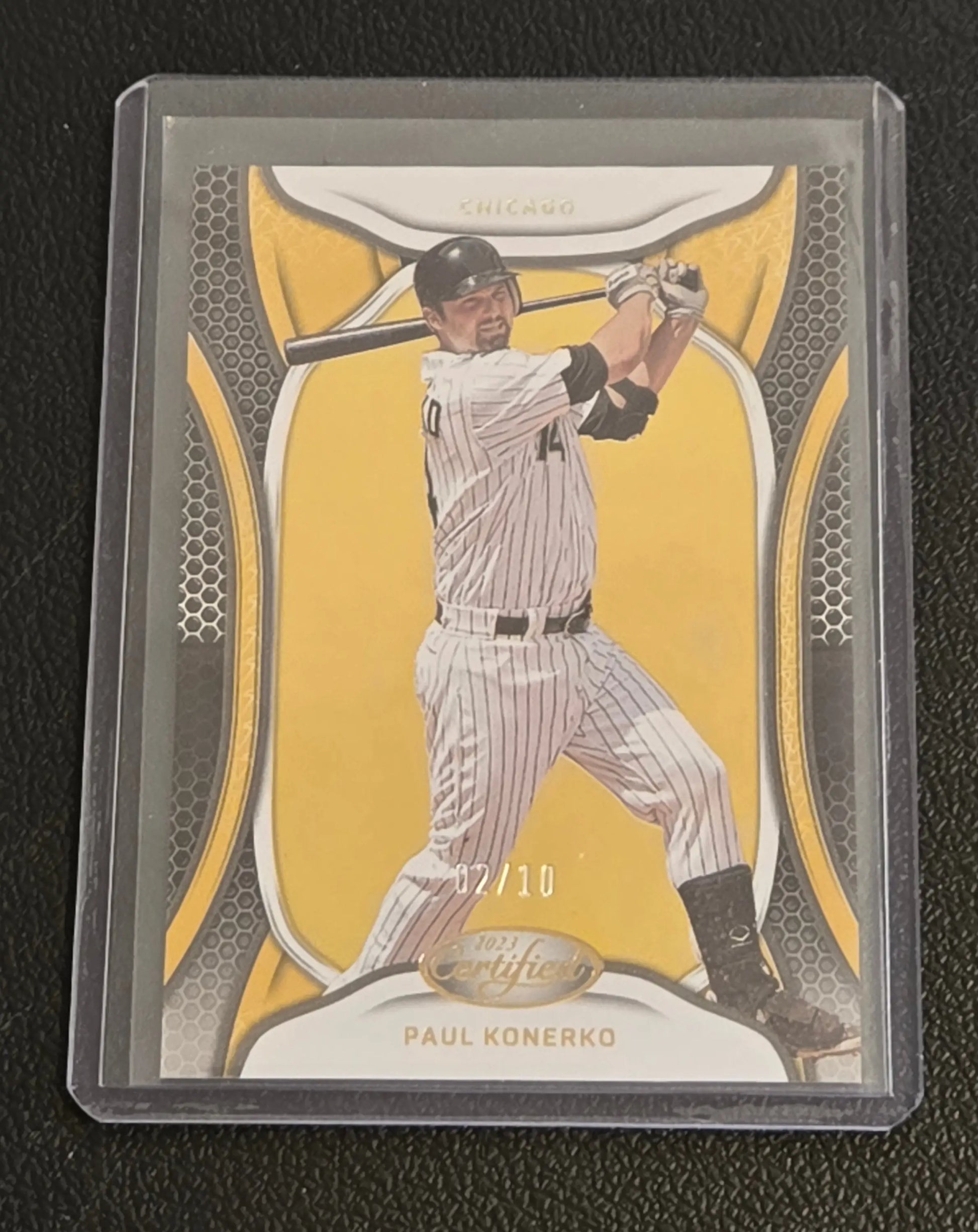 Paul Konerko baseball trading card in protective case from 2023 Panini Chronicles Konerko Certified Holo Gold