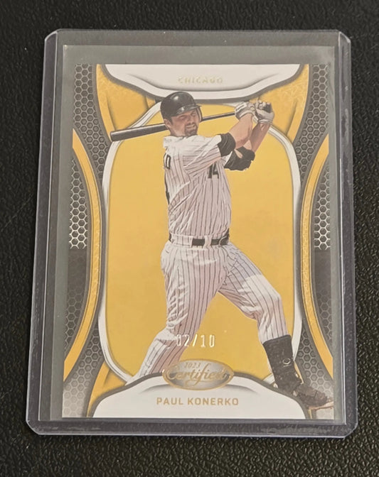 Paul Konerko baseball trading card in protective case from 2023 Panini Chronicles Konerko Certified Holo Gold
