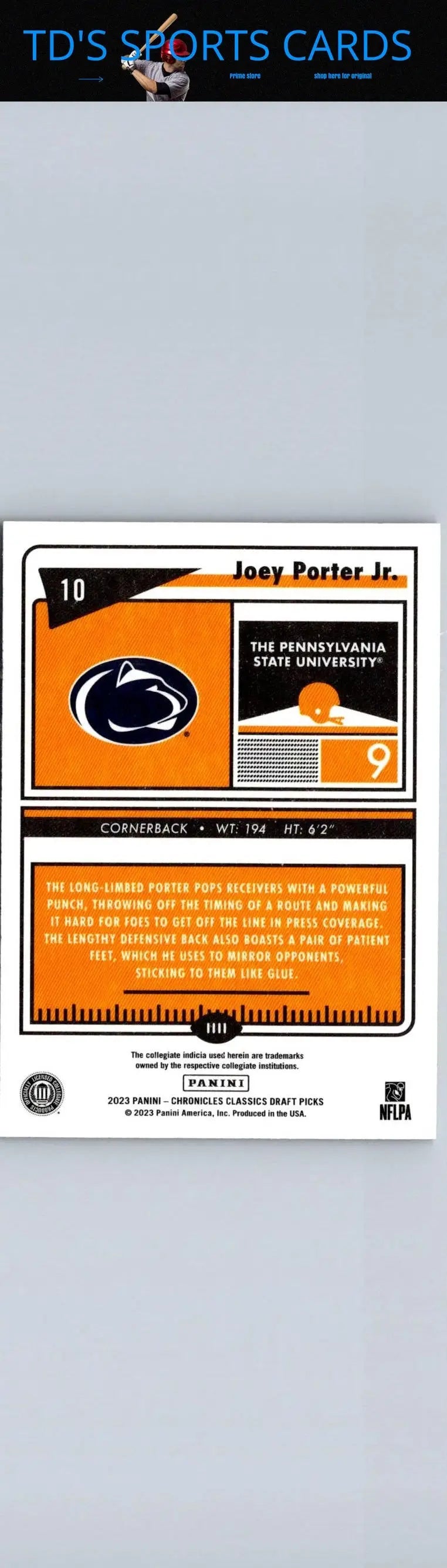 Joey Porter Jr football card from 2023 Panini Chronicles Draft Picks Classics Premium Edition
