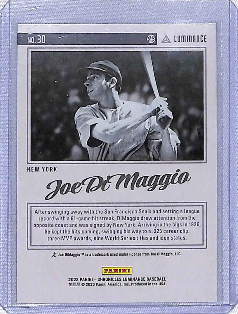 Black and white baseball trading card of Joe DiMaggio in New York uniform from Panini Chronicles