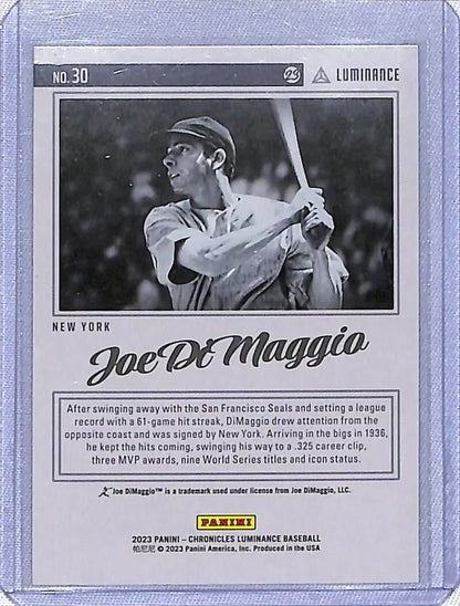 Black and white baseball trading card of Joe DiMaggio in New York uniform from Panini Chronicles