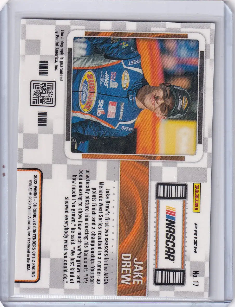 2023 Panini Chronicles Nascar Auto #17 Jake Drew in a protective clear case
