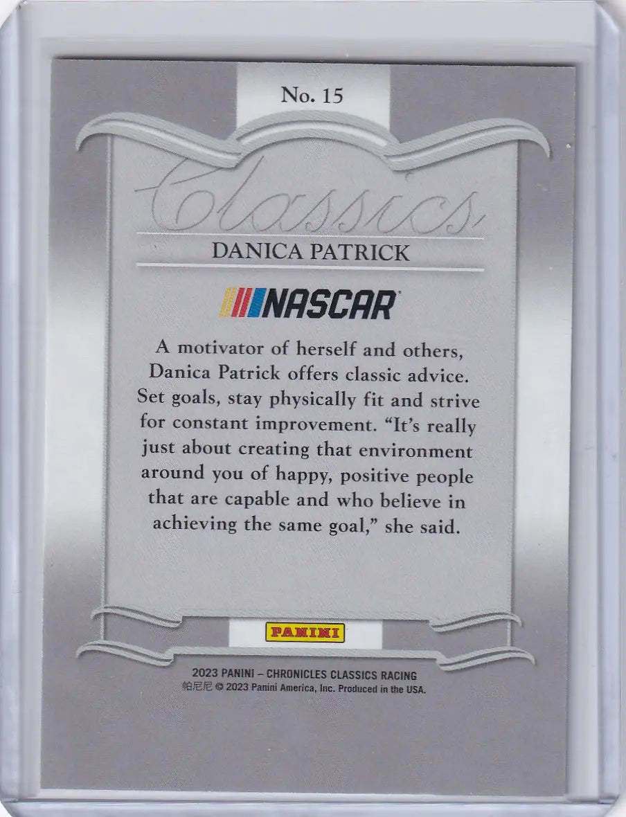 Back of 2023 Panini Chronicles Nascar Classics #15 trading card with motivational text