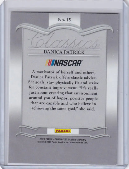 Back of 2023 Panini Chronicles Nascar Classics #15 trading card with motivational text