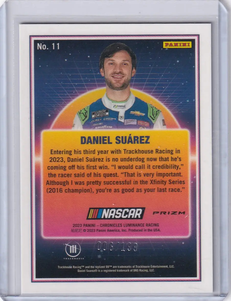 NASCAR trading card of Daniel Suarez from Panini Chronicles Nascar Luminance 2023