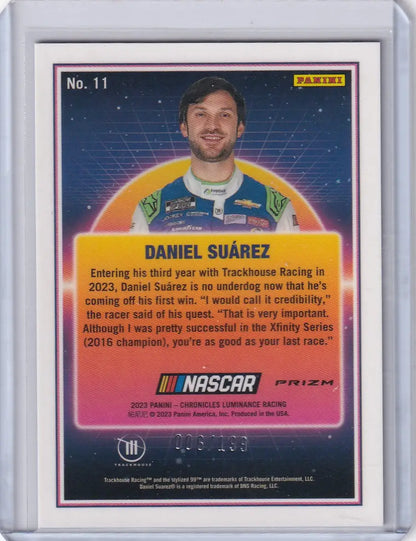 NASCAR trading card of Daniel Suarez from Panini Chronicles Nascar Luminance 2023
