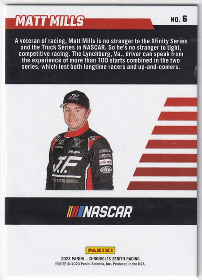 NASCAR trading card of Matt Mills in black racing suit from Panini Chronicles Nascar