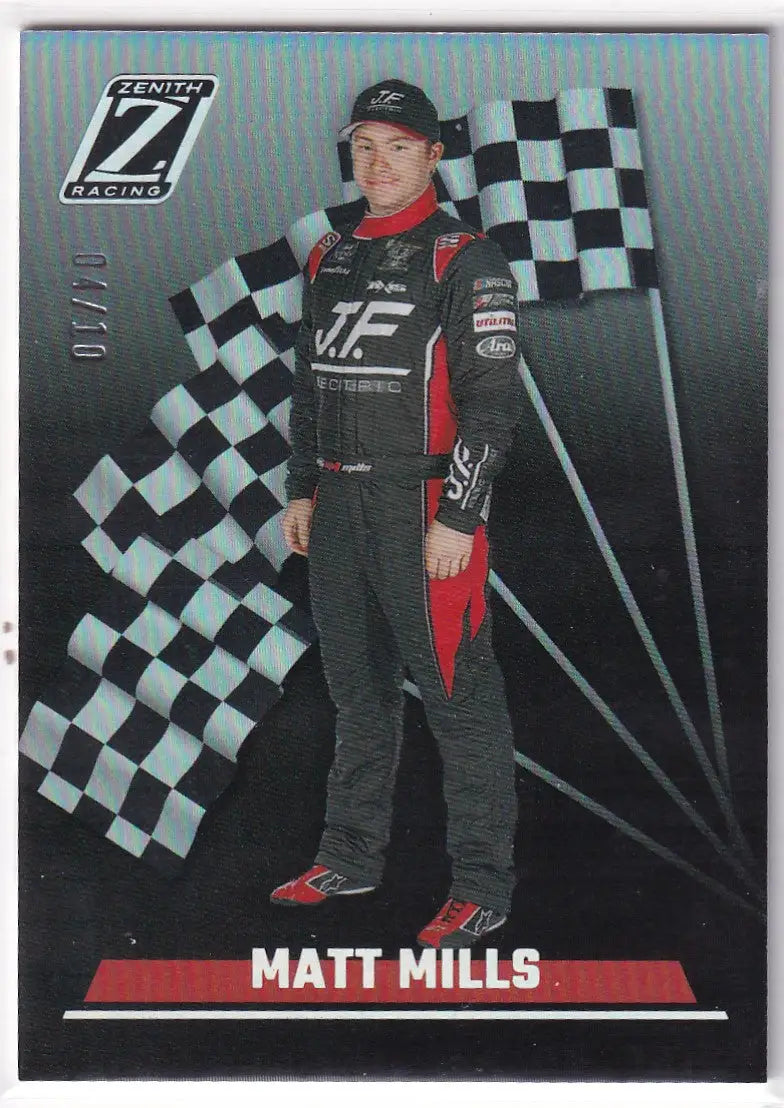 NASCAR driver in black suit with red accents beside checkered flag for Panini Chronicles Nascar