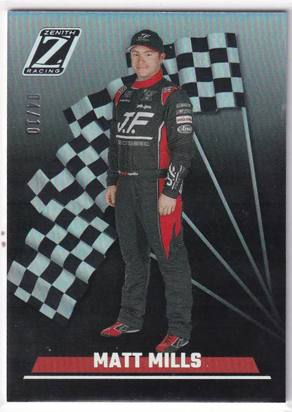 NASCAR driver in black suit with red accents beside checkered flag for Panini Chronicles Nascar