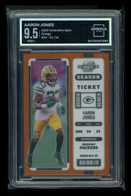 Graded Panini Contenders Optic Orange Aaron Jones football card displayed in Arena Club 9.5