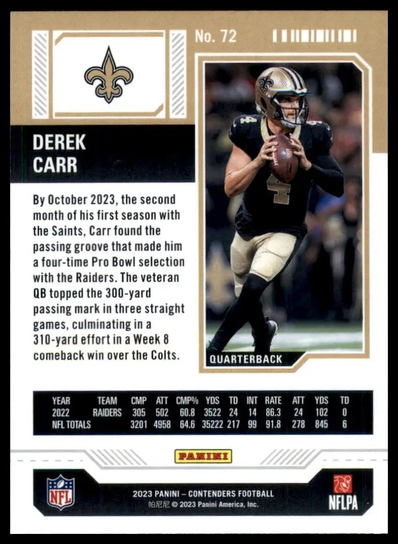 Derek Carr 2023 Panini Contenders Season Ticket football trading card New Orleans Saints
