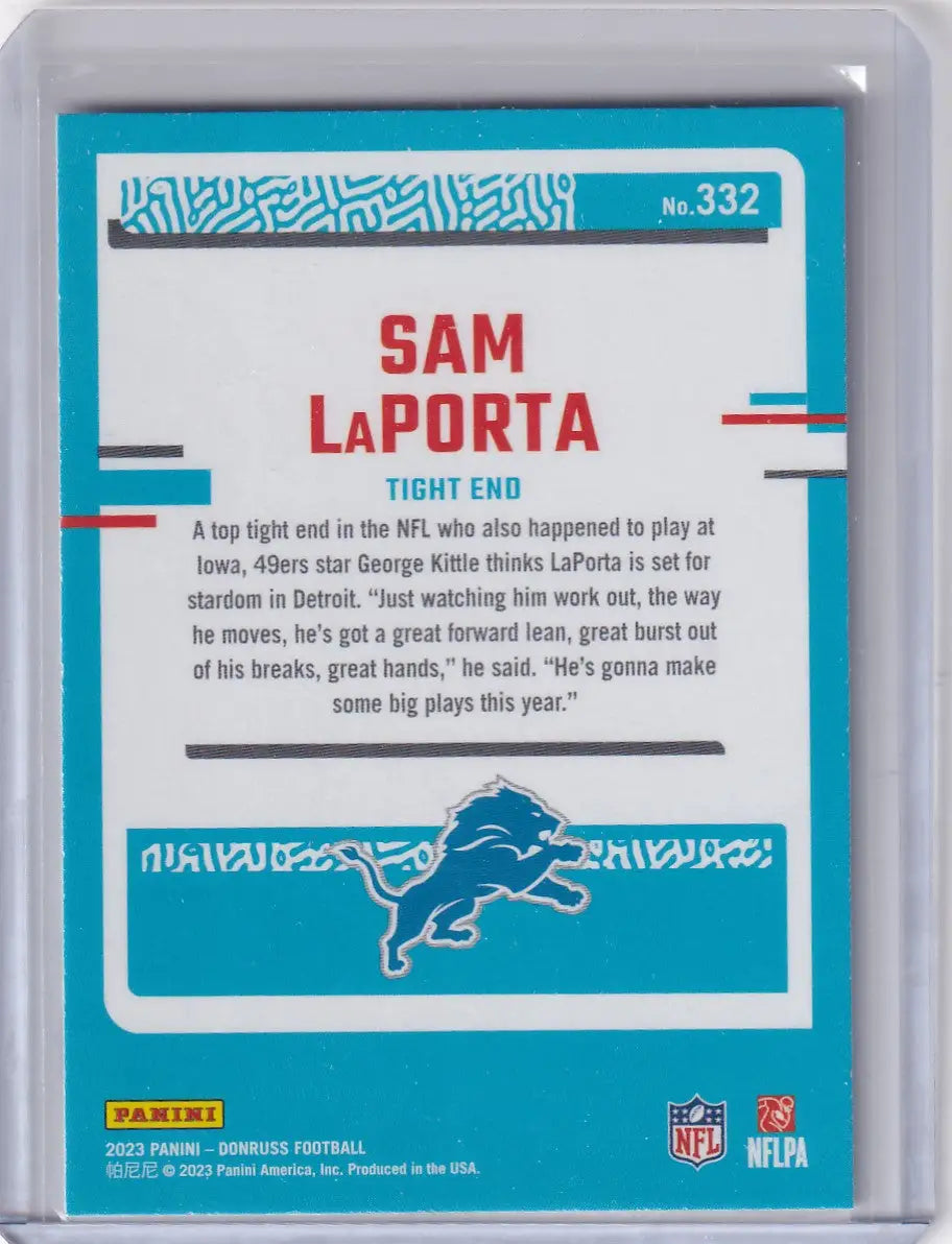Blue and white Sam LaPorta football trading card from Panini Donruss Detroit Lions 2023