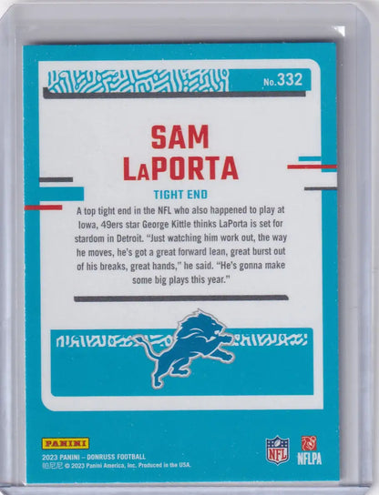Blue and white Sam LaPorta football trading card from Panini Donruss Detroit Lions 2023