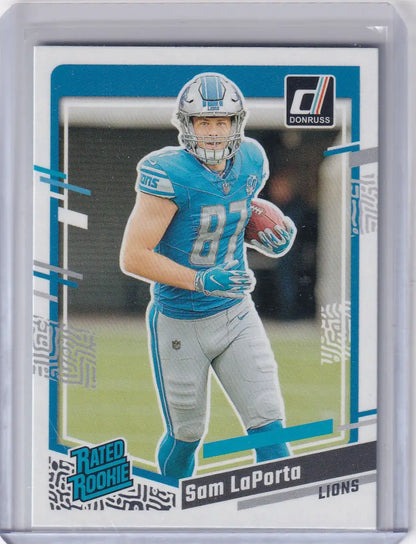 Football trading card featuring Sam LaPorta of the Detroit Lions from Panini Donruss 2023