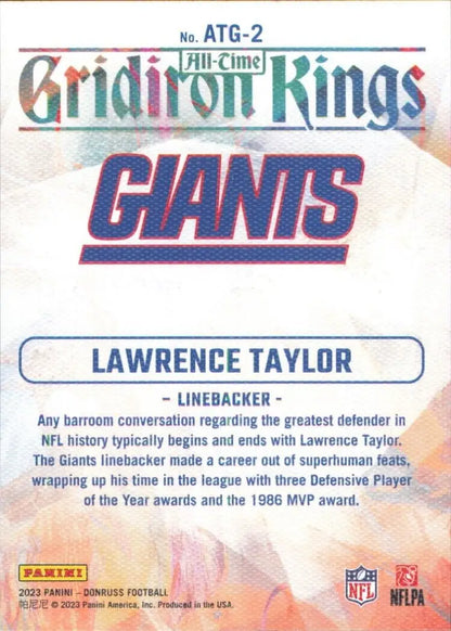 Lawrence Taylor football card from 2023 Panini Donruss All Time Gridiron Kings series