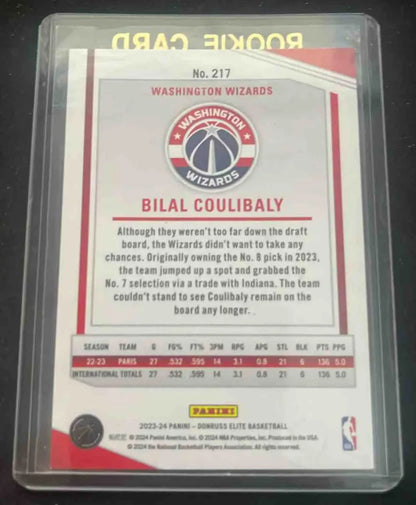 Panini Donruss Elite Bilal Coulibaly basketball trading card with stats and Wizards logo