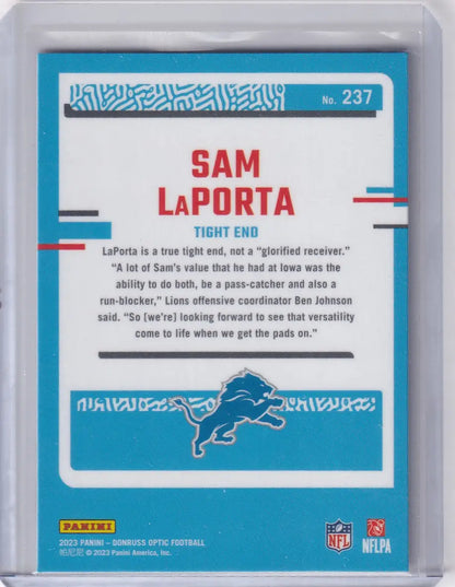 Blue and white Sam LaPorta football trading card from Panini Donruss Optic series