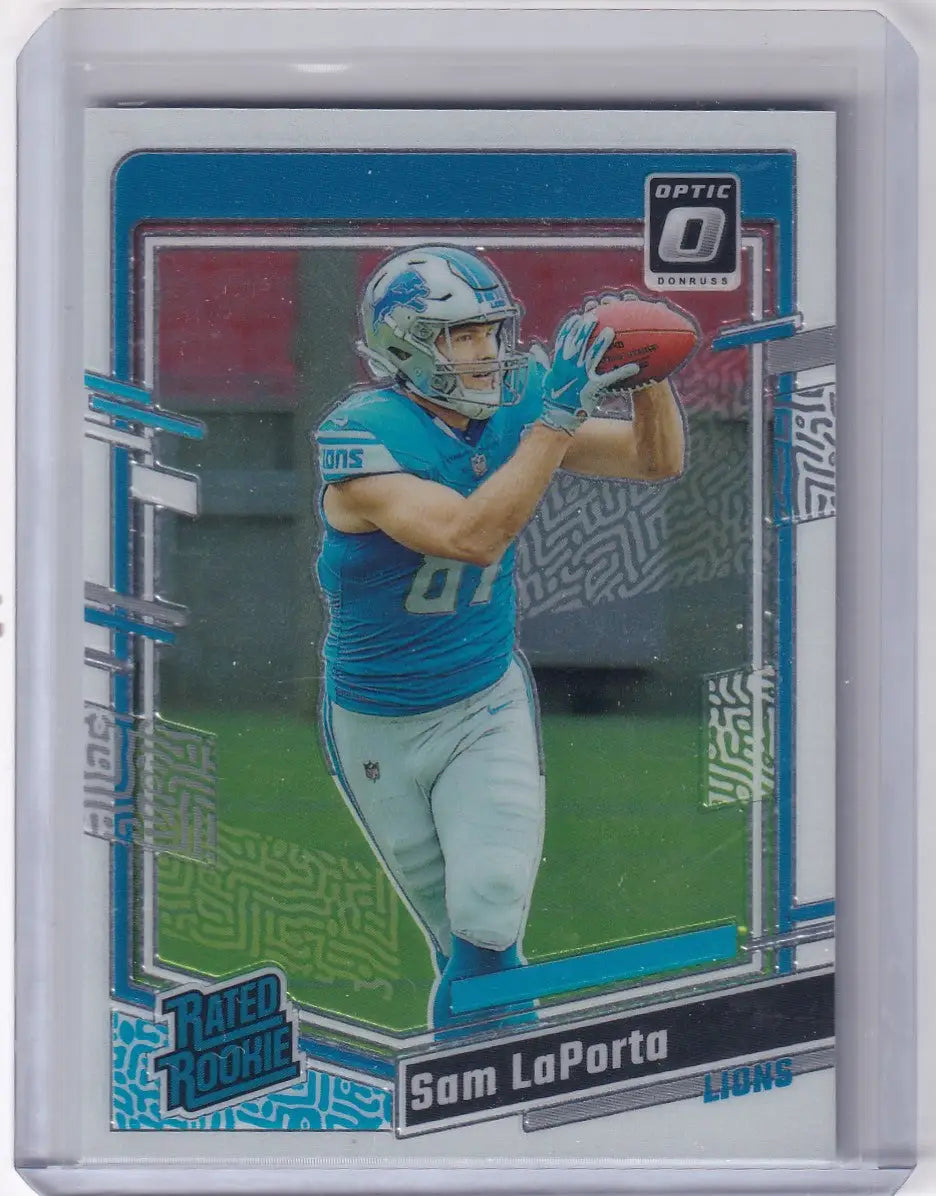 Sam LaPorta Detroit Lions Rated Rookie football card from Panini Donruss Optic series