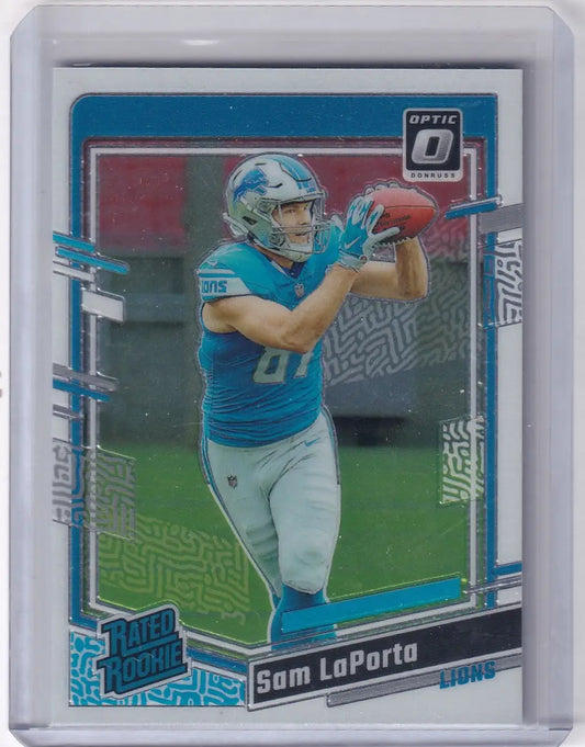 Sam LaPorta Detroit Lions Rated Rookie football card from Panini Donruss Optic series