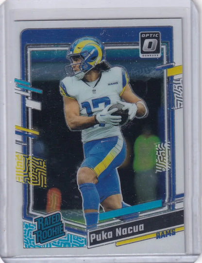 Puka Nacua Los Angeles Rams football trading card from Panini Donruss Optic 2023