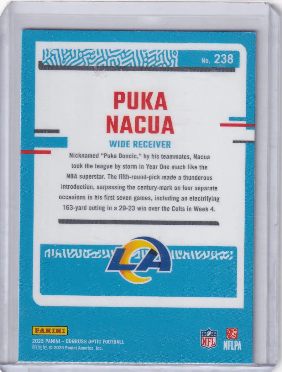 Back of a Puka Nacua football card from Panini Donruss Optic Los Angeles Rams series
