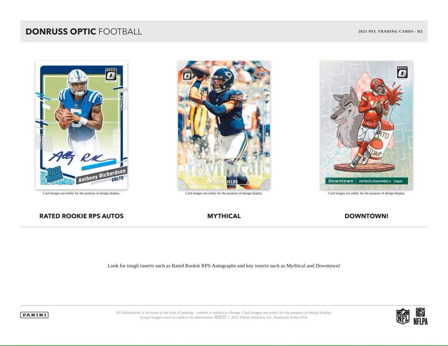 Football trading cards from 2023 Panini Donruss Optic Football H2 Box featuring rated rookies and red mojo