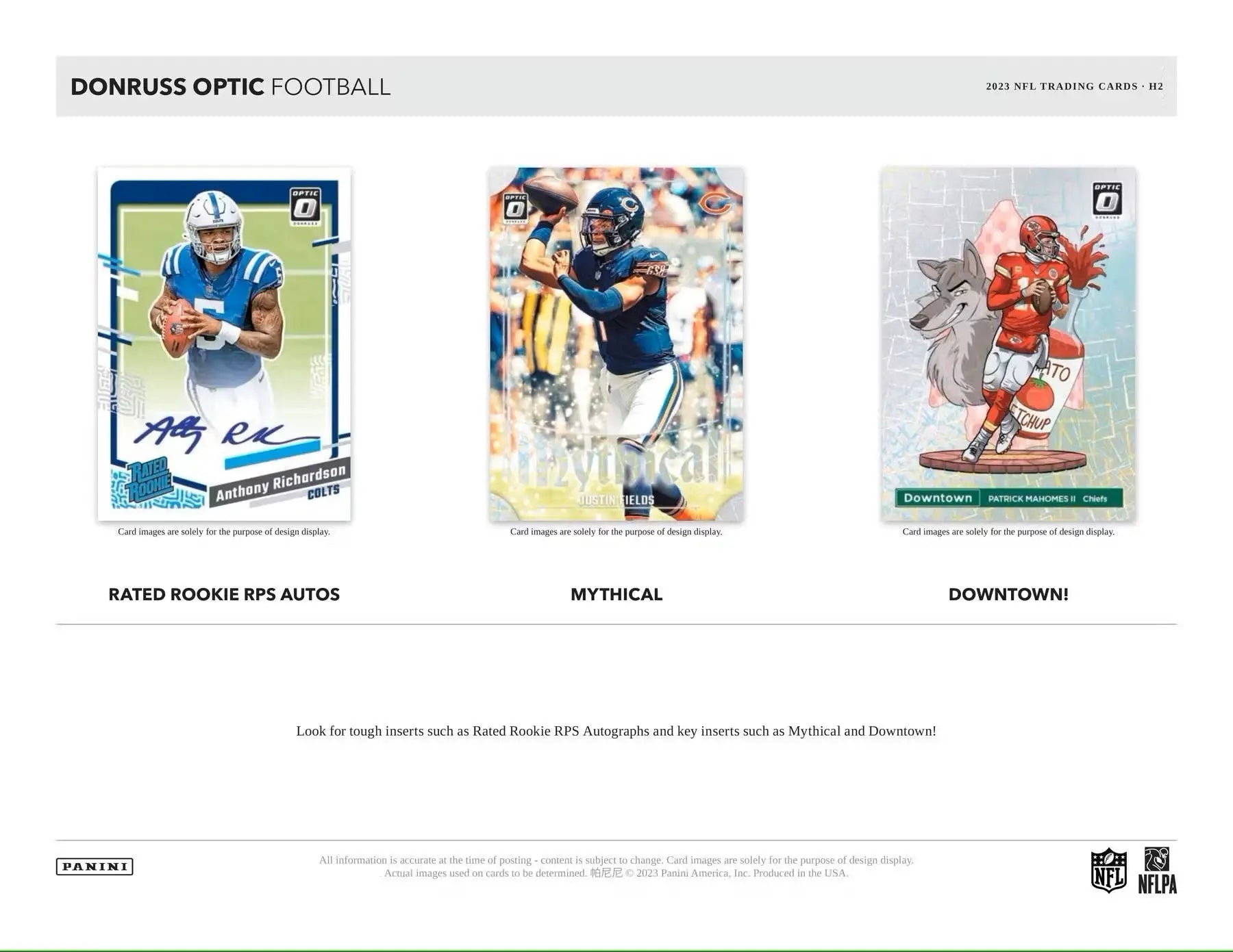 Football trading cards from 2023 Panini Donruss Optic Football H2 Box featuring rated rookies and red mojo