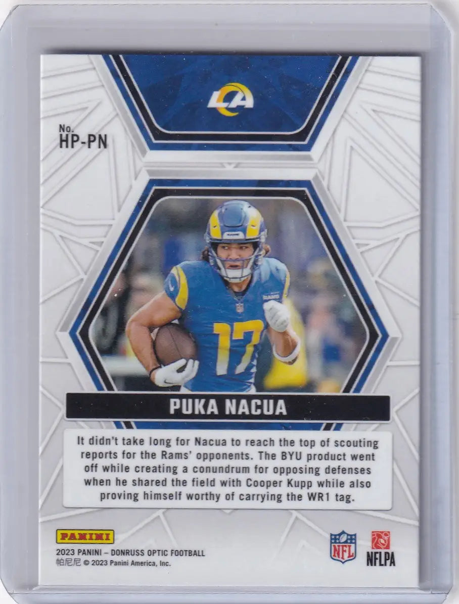Puka Nacua football trading card in protective sleeve from Panini Donruss Optic Los Angeles Rams