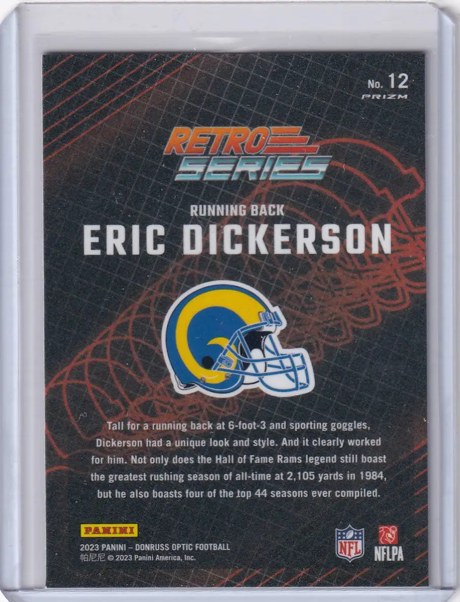 Collectible Eric Dickerson football card from 2023 Panini Donruss Optic Prizm Los Angeles Rams