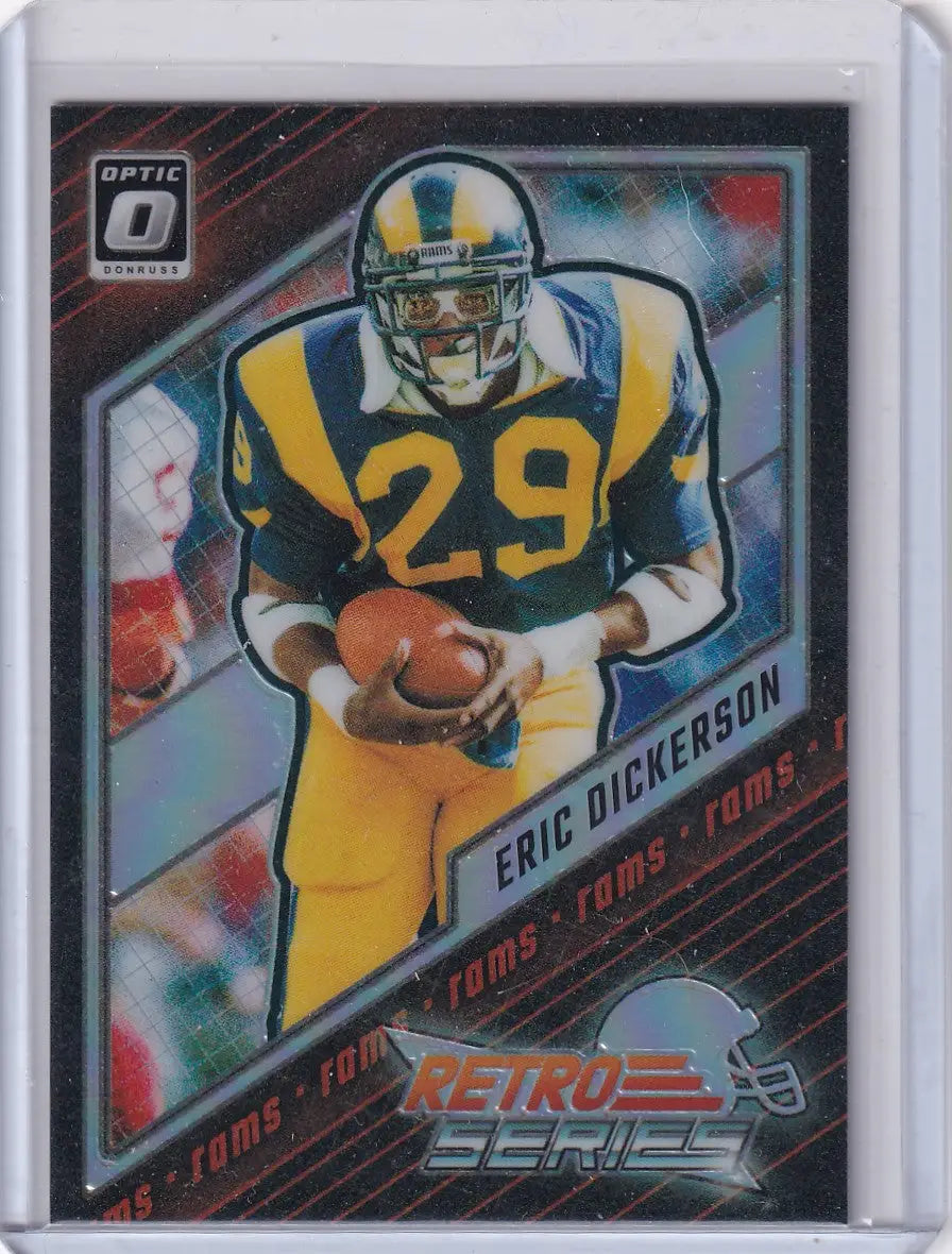 Football trading card of Eric Dickerson in Los Angeles Rams uniform from Panini Donruss Optic Prizm